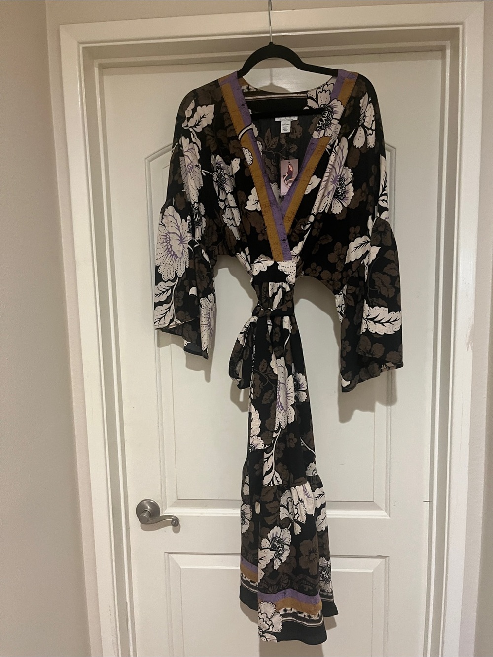 Floral Black Kimono Wrap Dress with Purple Trim